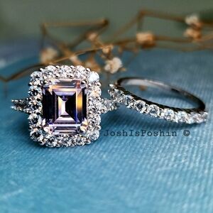 Emerald cut pink diamond ring set in sterling silver